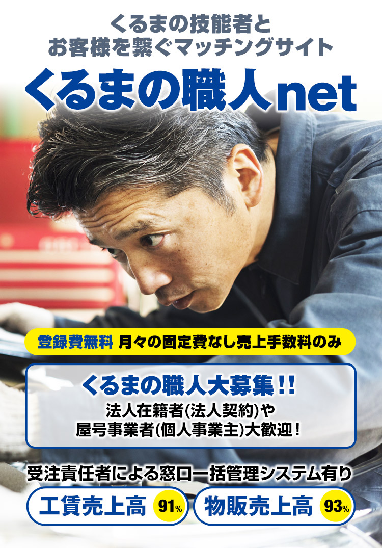 登録費無料 月々の固定費なし売上手数料のみ｜くるまの技能者とお客様を繋ぐマッチングサイト｜くるまの職人net｜くるまの職人大募集！！法人在籍者(法人契約)や屋号事業者(個人事業主)大歓迎！｜受注責任者による窓口一括管理システム有り